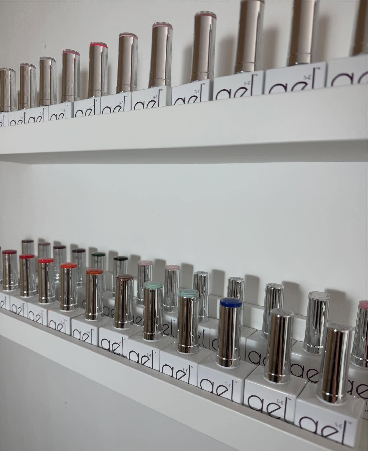 Shelves of TGB gel colours in the studio